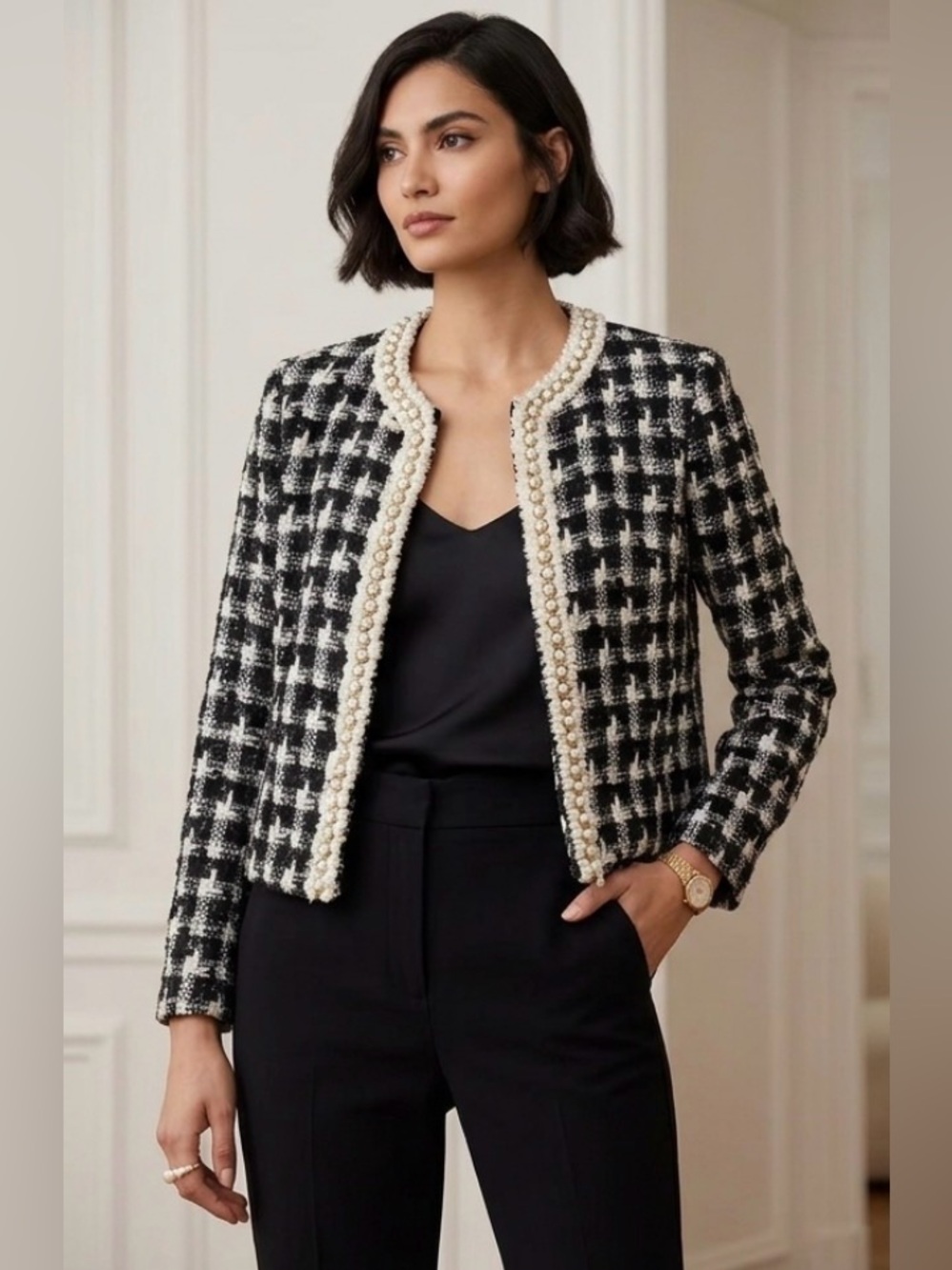 Alice + Olivia Black & White Tweed Houndstooth Pearl-Trim Cropped Jacket